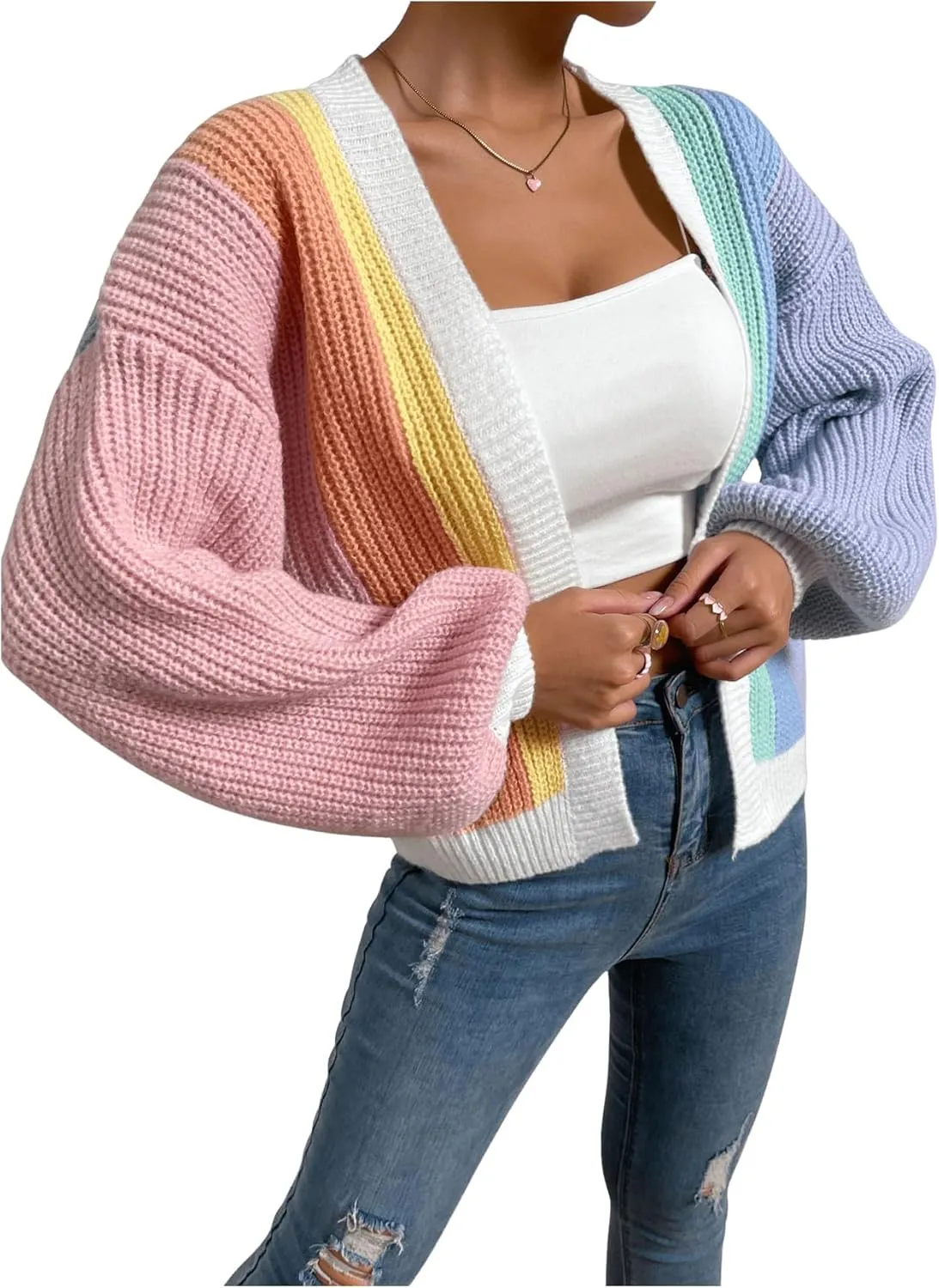 SHENHE Women's Color Block Open Front Long Sleeve Ribbed Knit Cropped Cardigan Sweaters