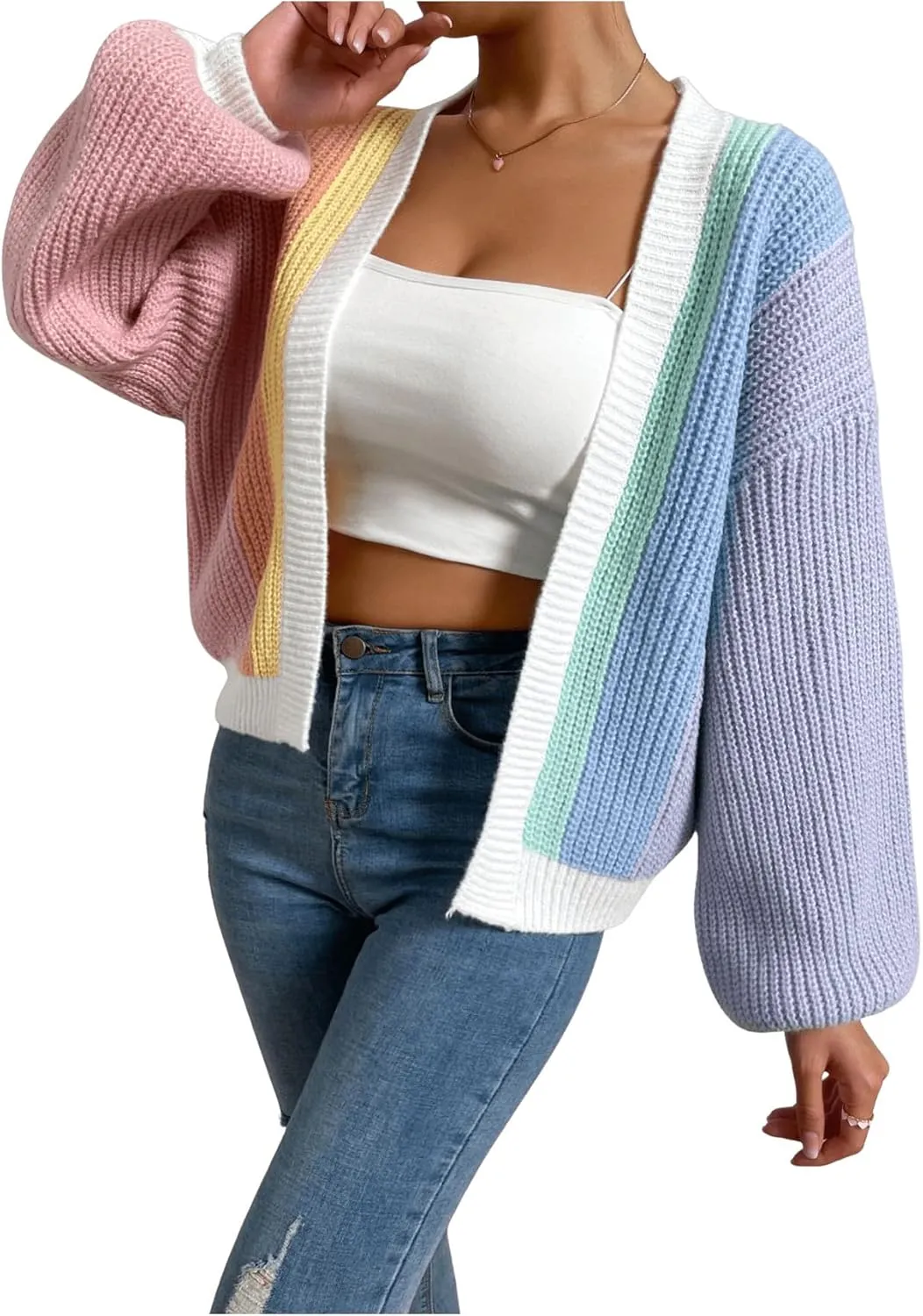 SHENHE Women's Color Block Open Front Long Sleeve Ribbed Knit Cropped Cardigan Sweaters