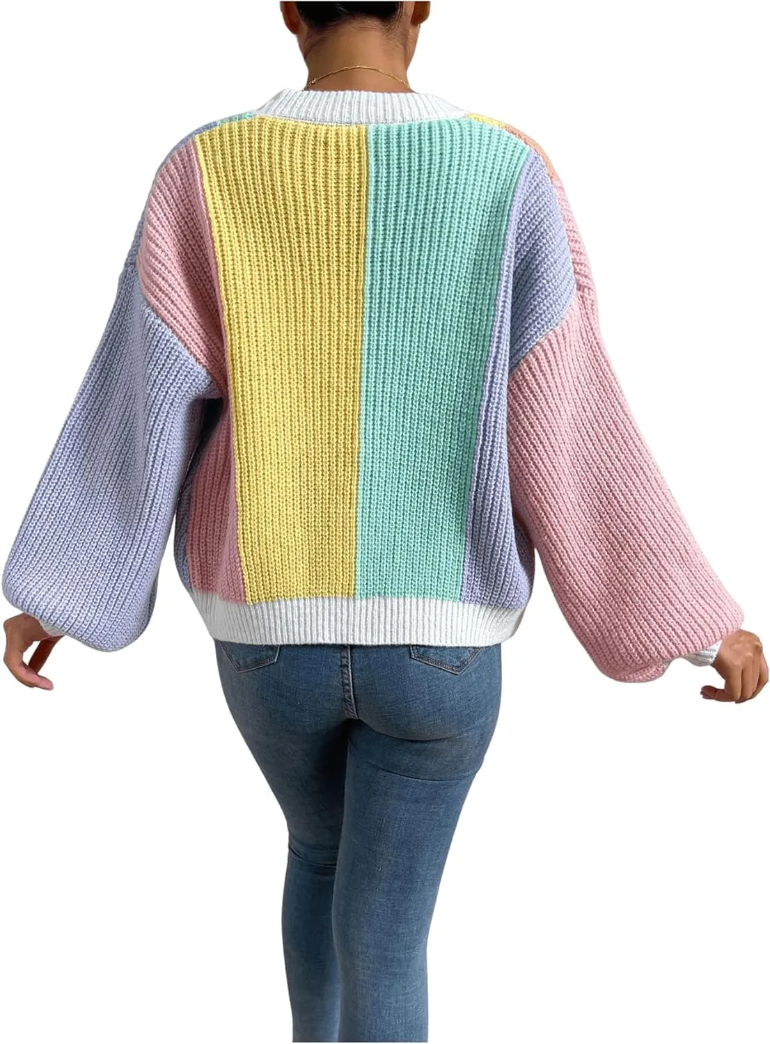 SHENHE Women's Color Block Open Front Long Sleeve Ribbed Knit Cropped Cardigan Sweaters