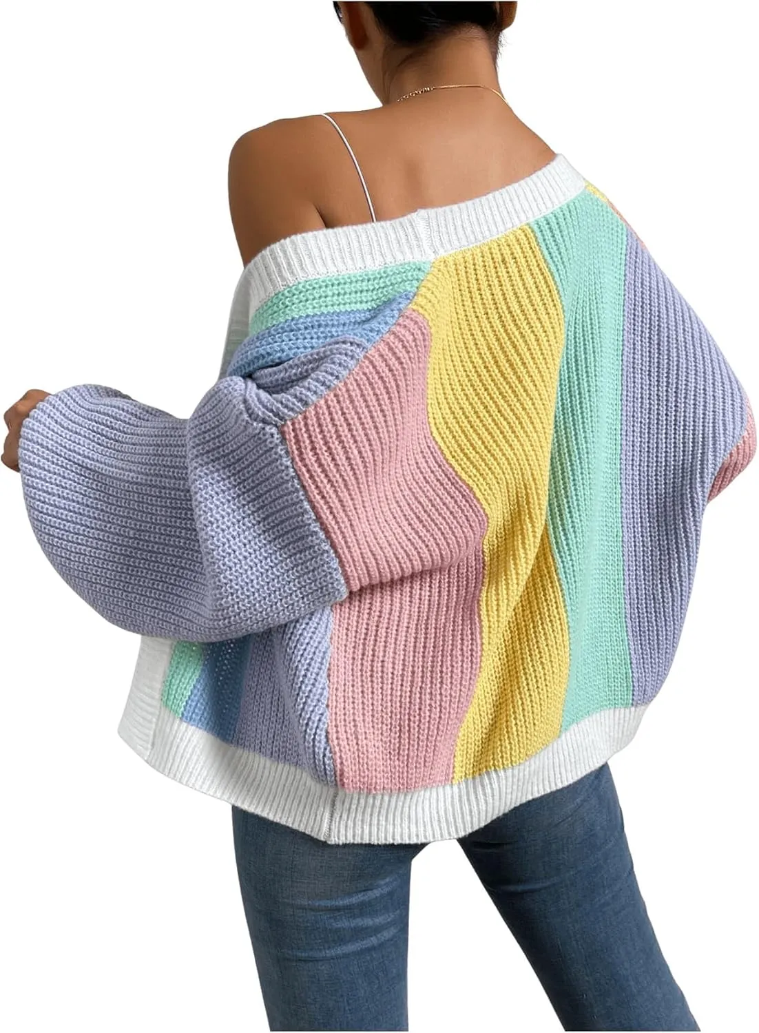 SHENHE Women's Color Block Open Front Long Sleeve Ribbed Knit Cropped Cardigan Sweaters