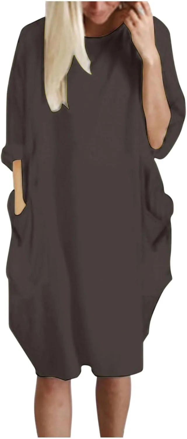 Shirt Dresses for Women 2024 Plus Size Long Sleeve Solid Crewneck Loose Comfy Midi Dress Party Fall Outfits Clothes