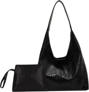 Shoulder Bag for Women Black Large Capacity Leather Tote Bag with Magnetic Clasp Retro & Stylish Easy Matching Bucket Bags for Women