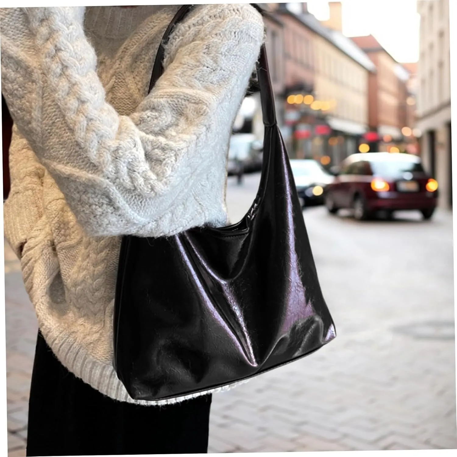 Shoulder Bag for Women Black Large Capacity Leather Tote Bag with Magnetic Clasp Retro & Stylish Easy Matching Bucket Bags for Women