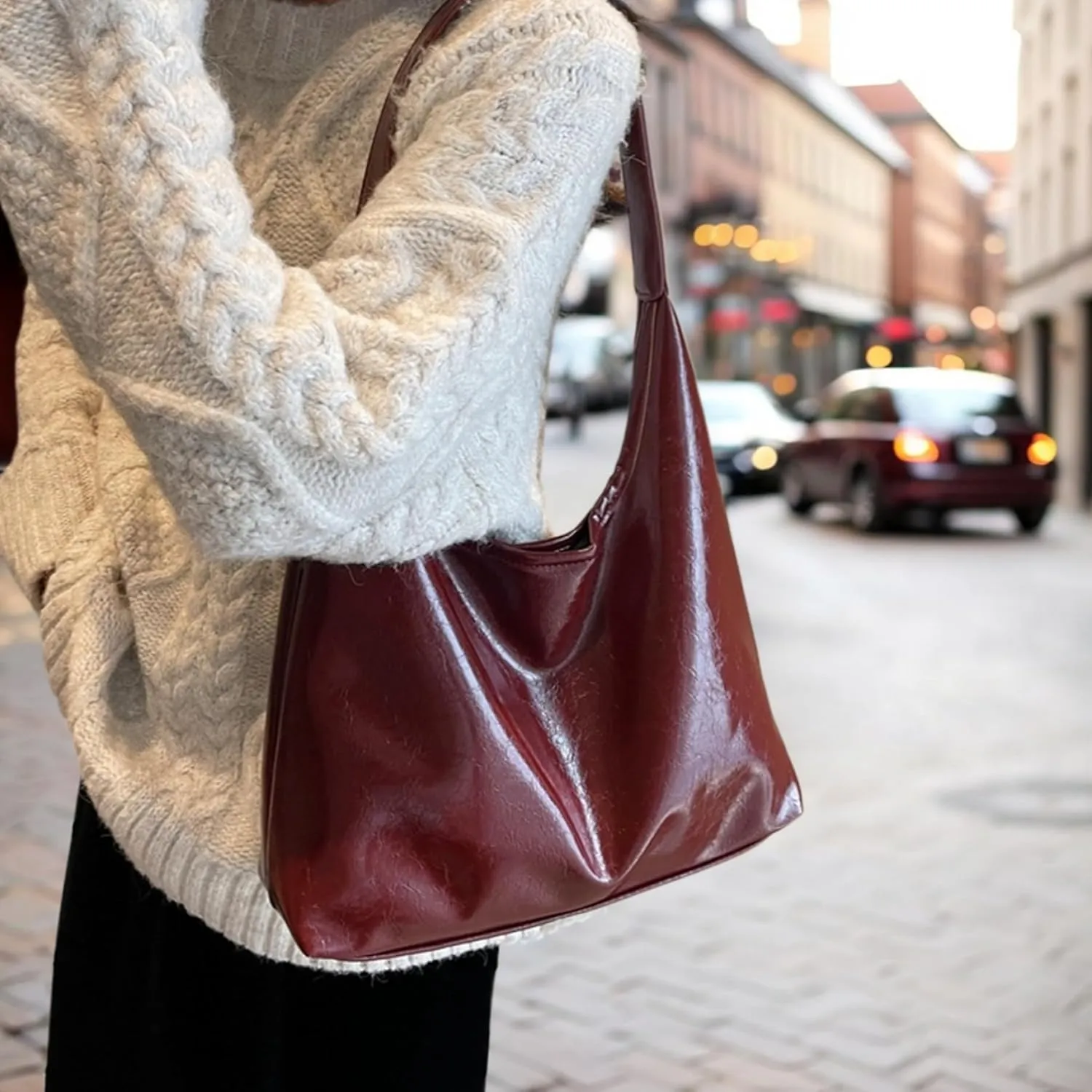 Shoulder Bag for Women Black Large Capacity Leather Tote Bag with Magnetic Clasp Retro & Stylish Easy Matching Bucket Bags for Women
