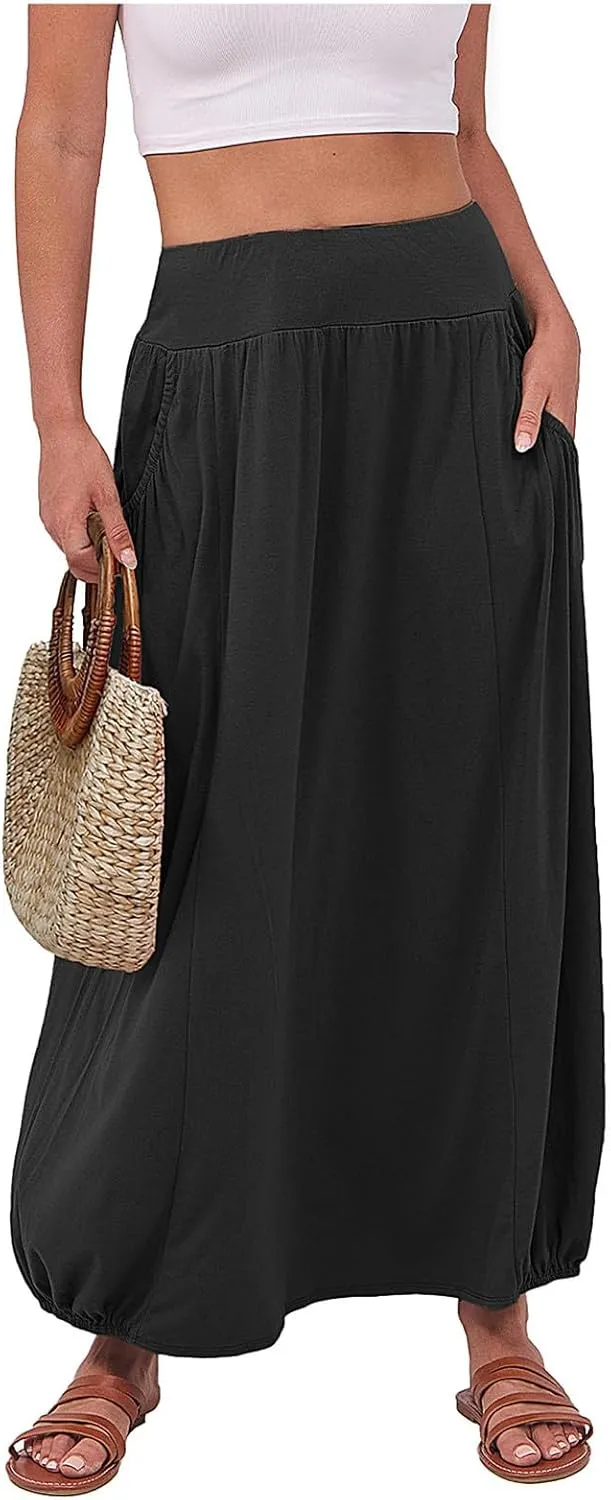 Skirts for Women Summer Boho Maxi Skirt with Pockets Elastic High Waist Casual Bohemian Dresses Spring A Line Dress