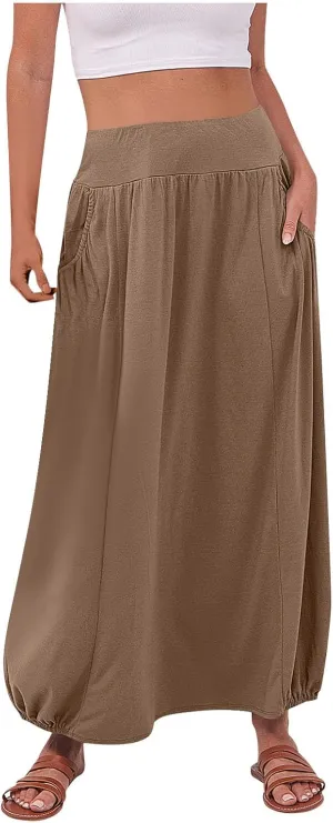 Skirts for Women Summer Boho Maxi Skirt with Pockets Elastic High Waist Casual Bohemian Dresses Spring A Line Dress