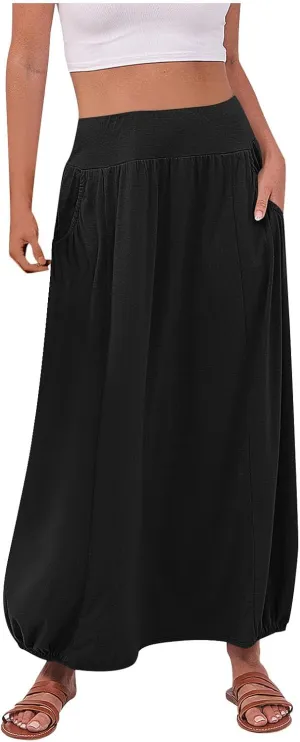 Skirts for Women Summer Boho Maxi Skirt with Pockets Elastic High Waist Casual Bohemian Dresses Spring A Line Dress