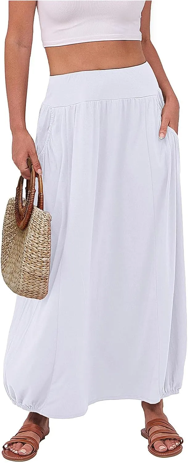 Skirts for Women Summer Boho Maxi Skirt with Pockets Elastic High Waist Casual Bohemian Dresses Spring A Line Dress