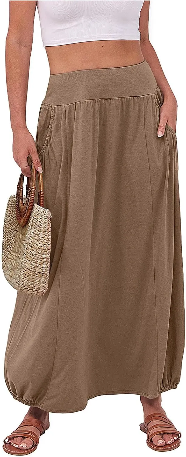 Skirts for Women Summer Boho Maxi Skirt with Pockets Elastic High Waist Casual Bohemian Dresses Spring A Line Dress