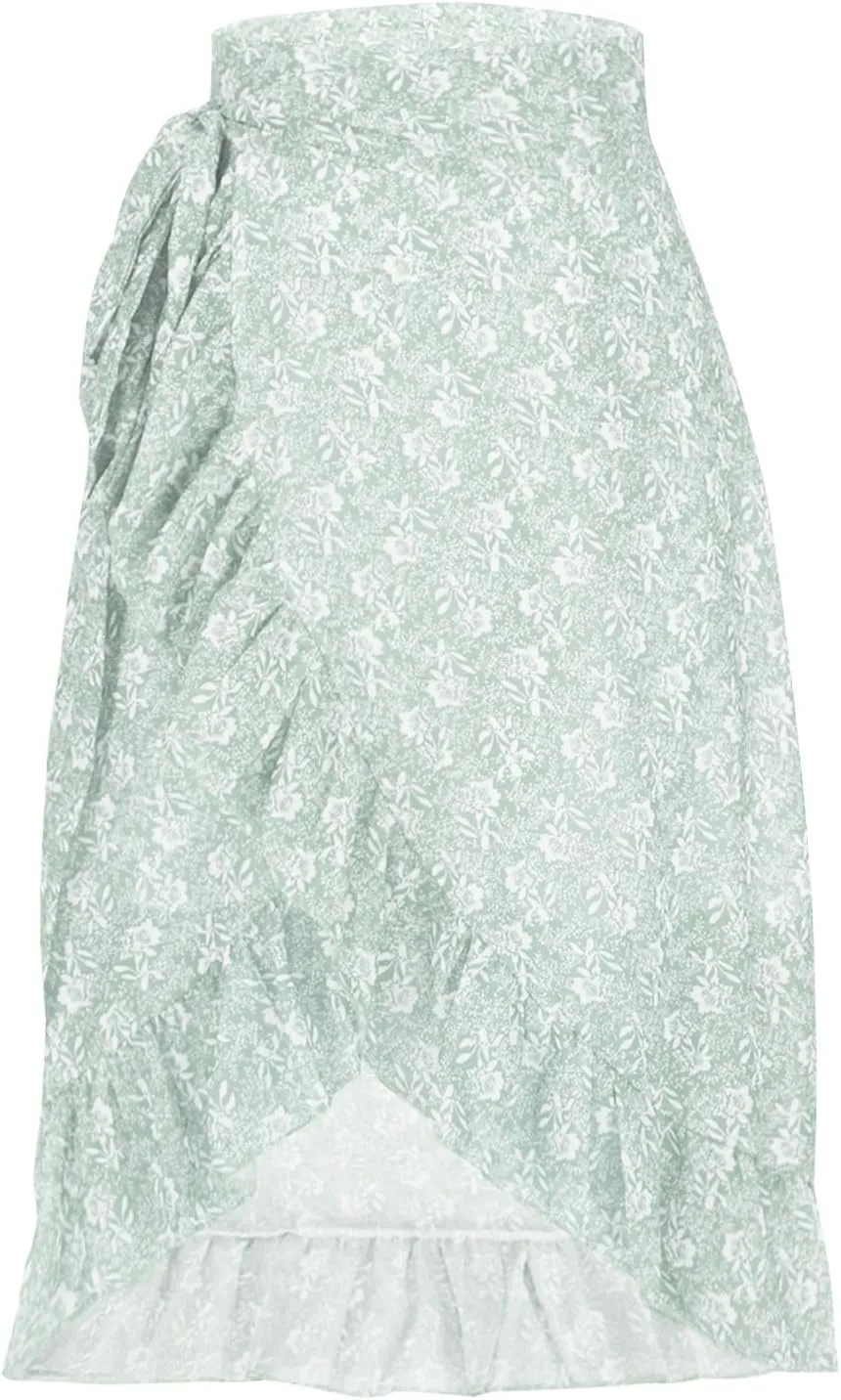 Skirts for Women Trendy Summer Bohemian Floral Print Bow-Knot Waist Midi Skirt Elegant A-Line Swing Skirt Ruffle Hem
