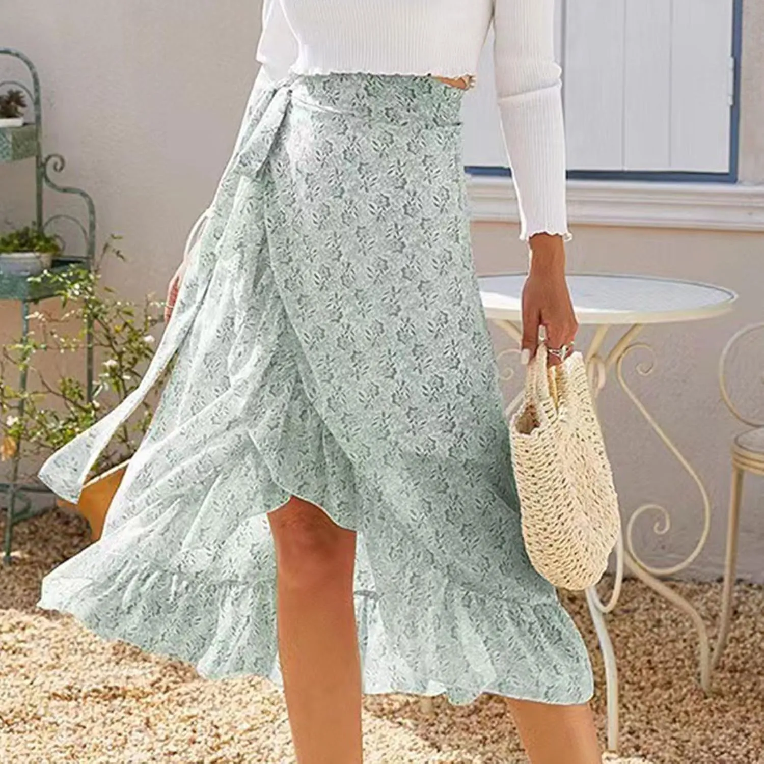 Skirts for Women Trendy Summer Bohemian Floral Print Bow-Knot Waist Midi Skirt Elegant A-Line Swing Skirt Ruffle Hem