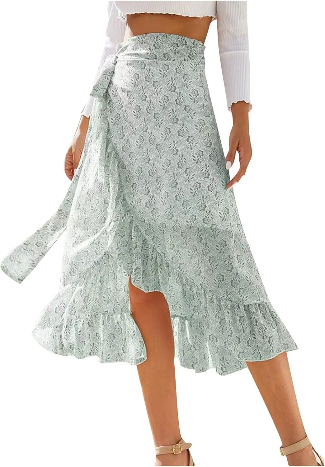 Skirts for Women Trendy Summer Bohemian Floral Print Bow-Knot Waist Midi Skirt Elegant A-Line Swing Skirt Ruffle Hem