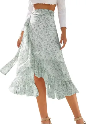 Skirts for Women Trendy Summer Bohemian Floral Print Bow-Knot Waist Midi Skirt Elegant A-Line Swing Skirt Ruffle Hem