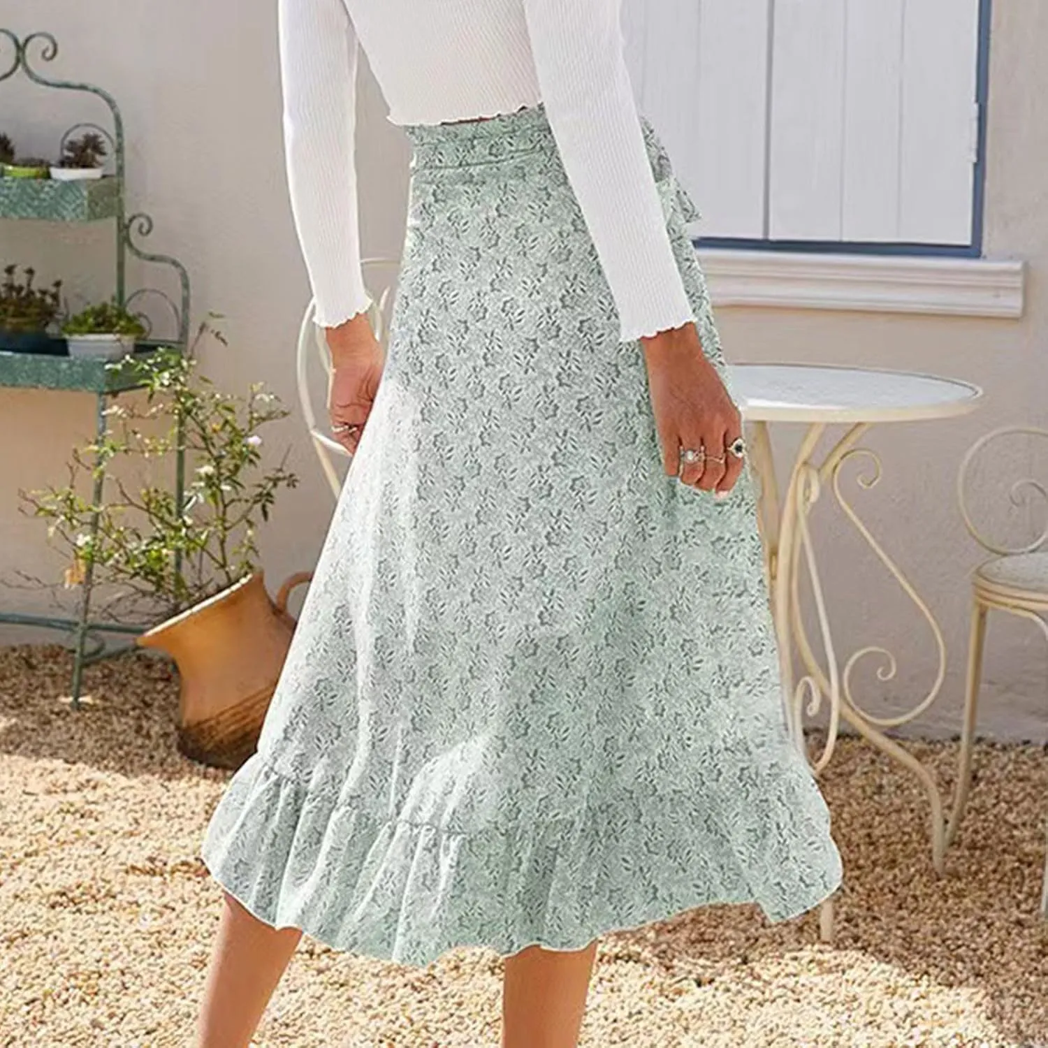 Skirts for Women Trendy Summer Bohemian Floral Print Bow-Knot Waist Midi Skirt Elegant A-Line Swing Skirt Ruffle Hem
