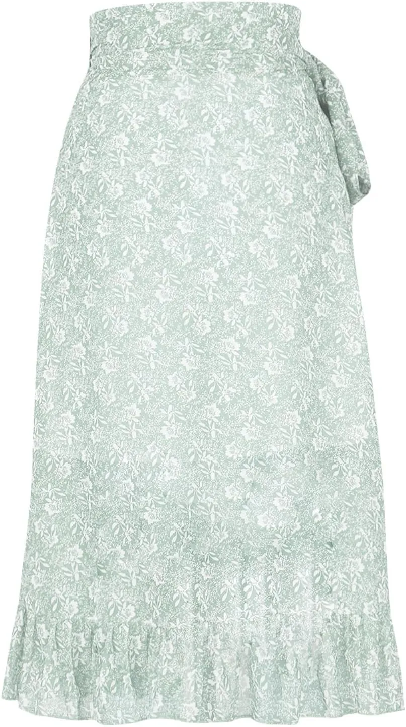 Skirts for Women Trendy Summer Bohemian Floral Print Bow-Knot Waist Midi Skirt Elegant A-Line Swing Skirt Ruffle Hem