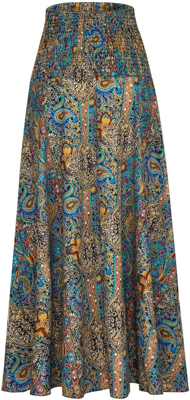 Skirts for Women Trendy Summer Ruffle Smocked High Waist Stretch Bohemian Skirt Fashion Floral Print Boho Maxi Skirts