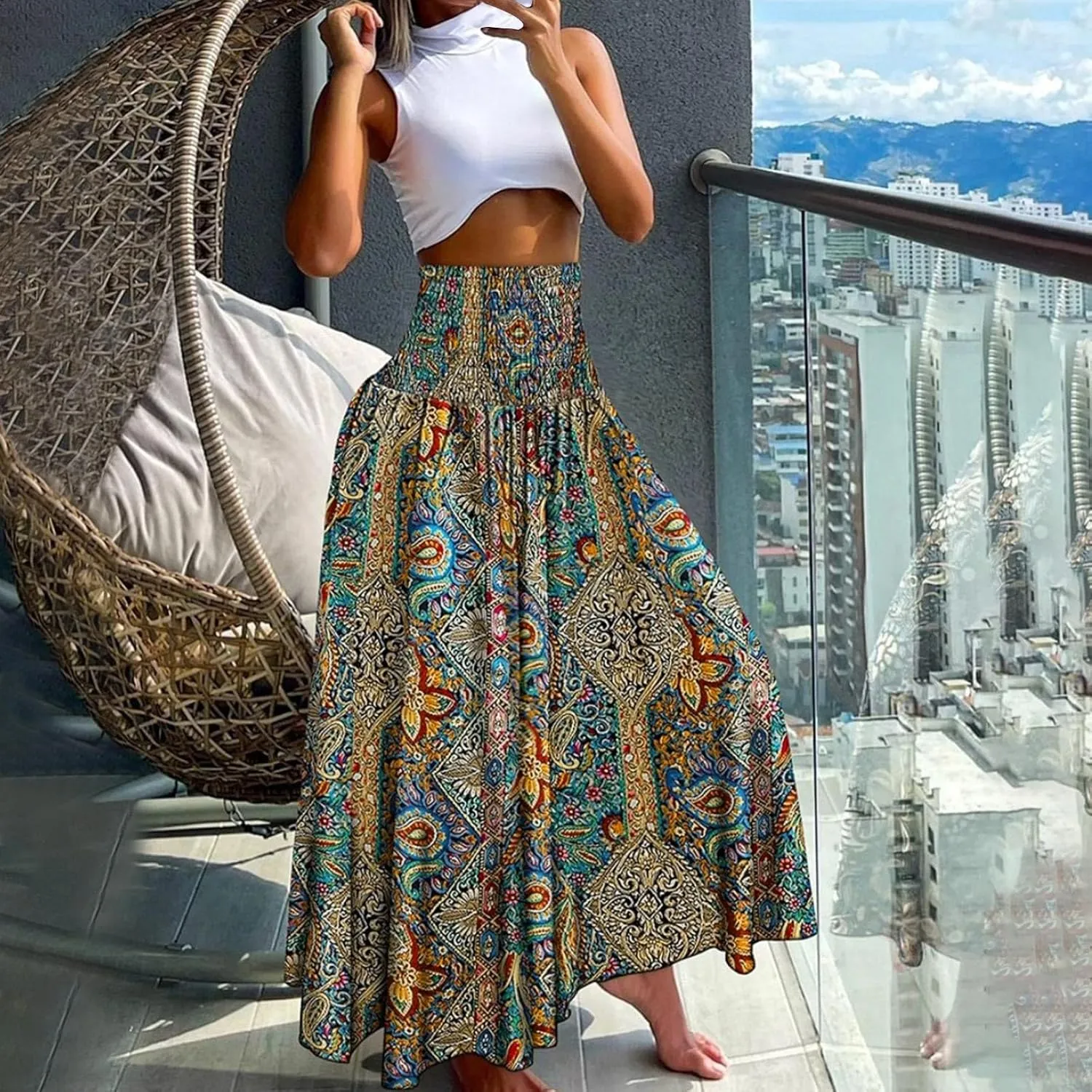 Skirts for Women Trendy Summer Ruffle Smocked High Waist Stretch Bohemian Skirt Fashion Floral Print Boho Maxi Skirts
