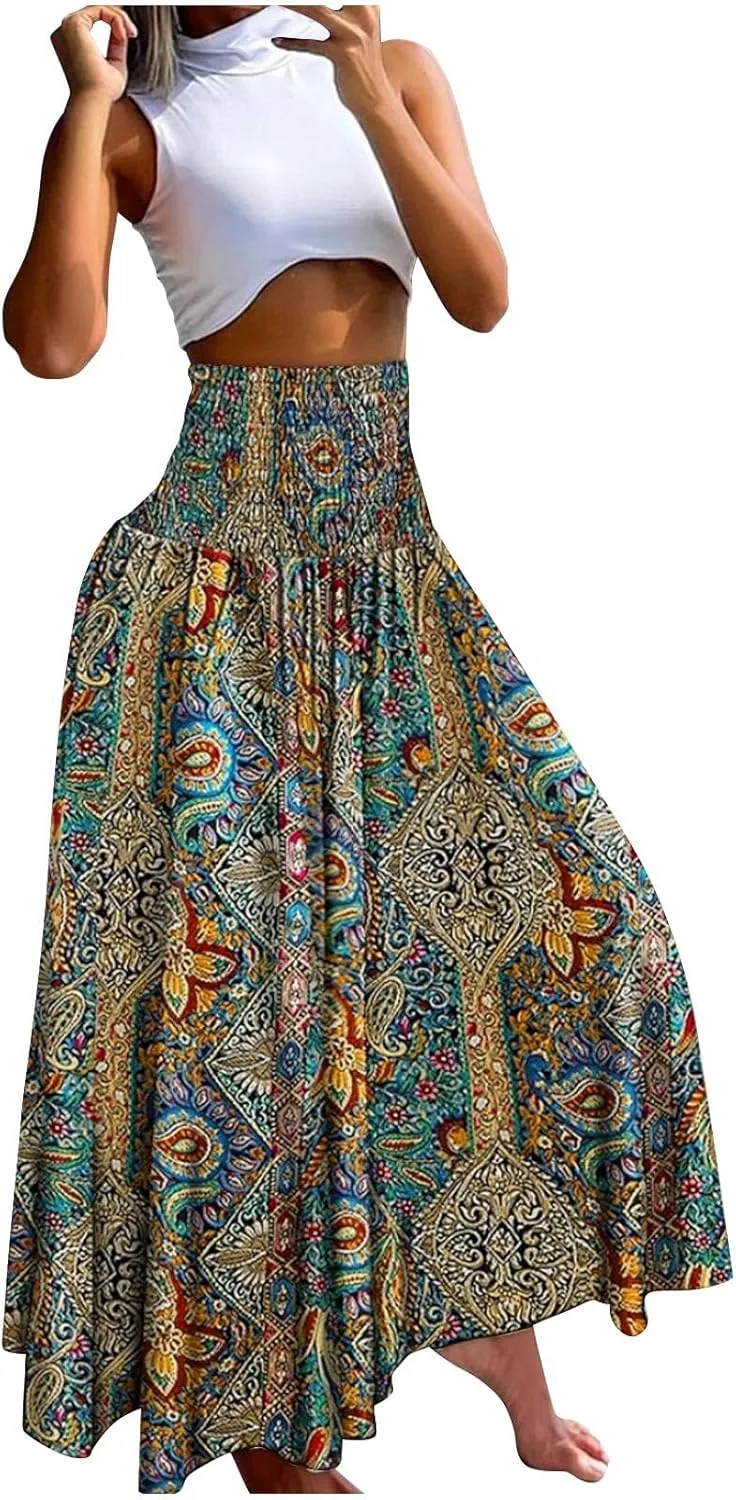 Skirts for Women Trendy Summer Ruffle Smocked High Waist Stretch Bohemian Skirt Fashion Floral Print Boho Maxi Skirts