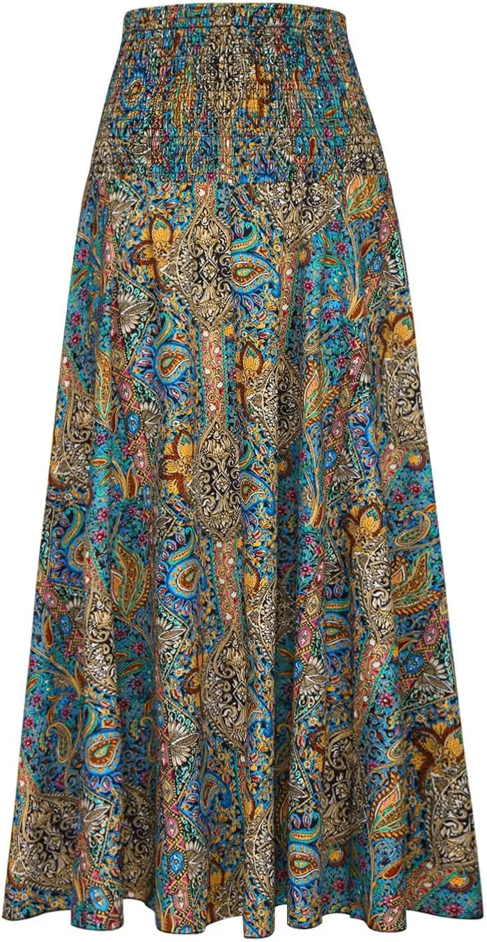 Skirts for Women Trendy Summer Ruffle Smocked High Waist Stretch Bohemian Skirt Fashion Floral Print Boho Maxi Skirts