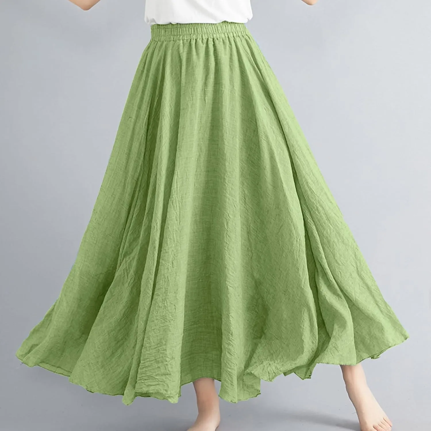 Solid Color Linen Skirts for Women Holiday Boho Ruched Stretch Hight Waist Basic Womens Maxi Skirt 2025 Y2K