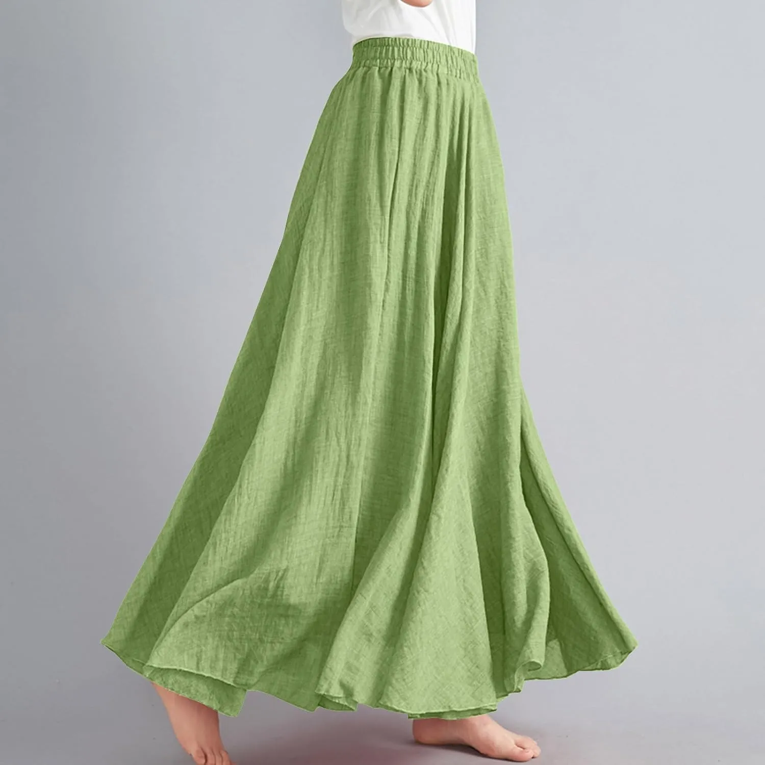 Solid Color Linen Skirts for Women Holiday Boho Ruched Stretch Hight Waist Basic Womens Maxi Skirt 2025 Y2K