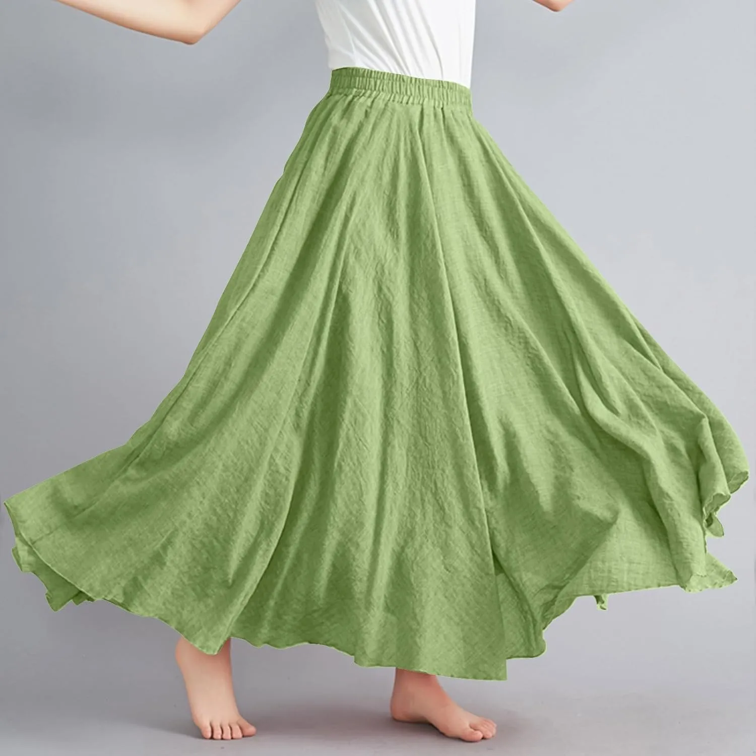 Solid Color Linen Skirts for Women Holiday Boho Ruched Stretch Hight Waist Basic Womens Maxi Skirt 2025 Y2K