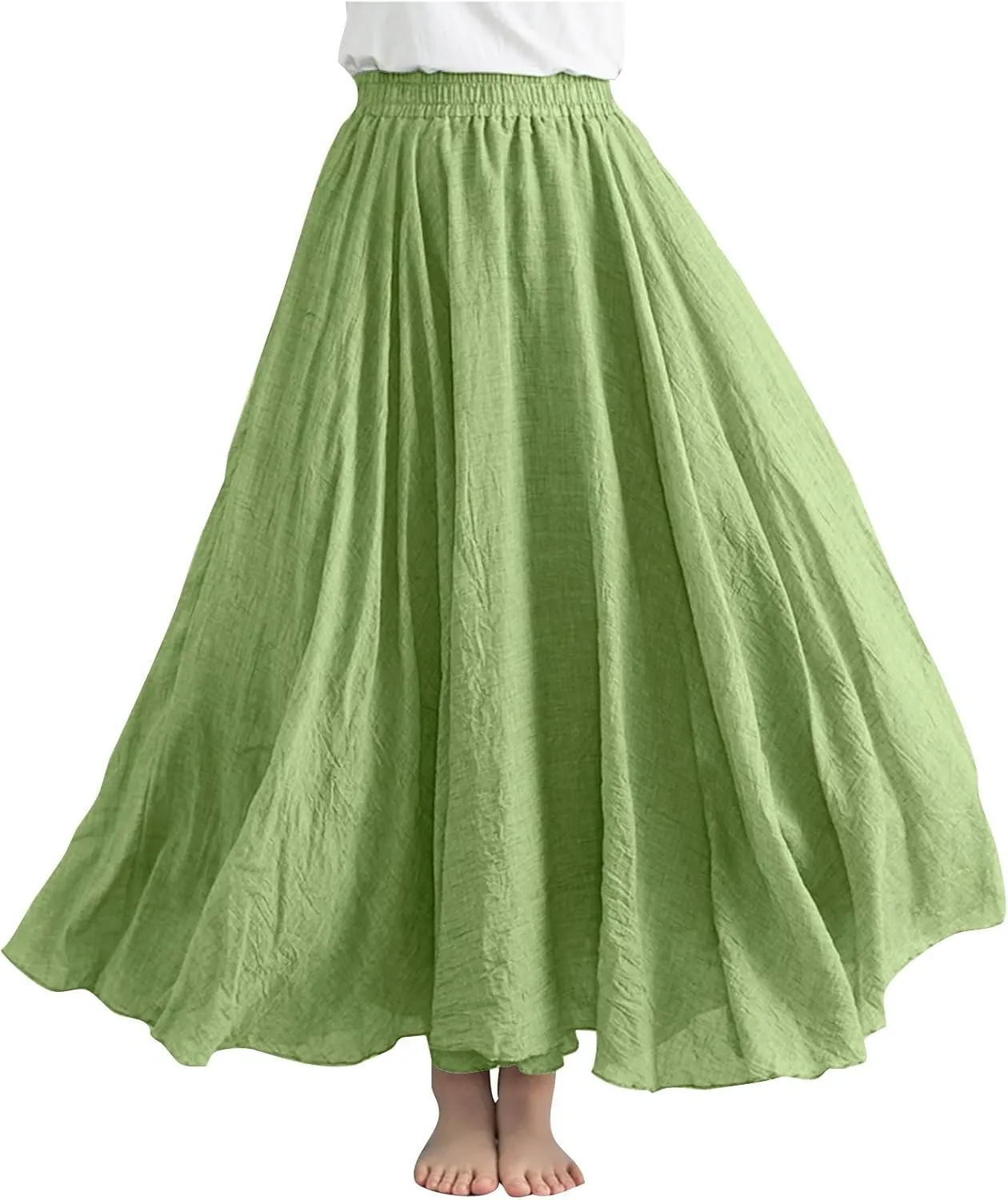 Solid Color Linen Skirts for Women Holiday Boho Ruched Stretch Hight Waist Basic Womens Maxi Skirt 2025 Y2K