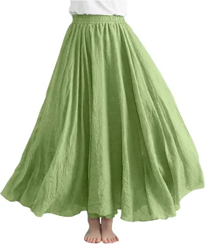 Solid Color Linen Skirts for Women Holiday Boho Ruched Stretch Hight Waist Basic Womens Maxi Skirt 2025 Y2K
