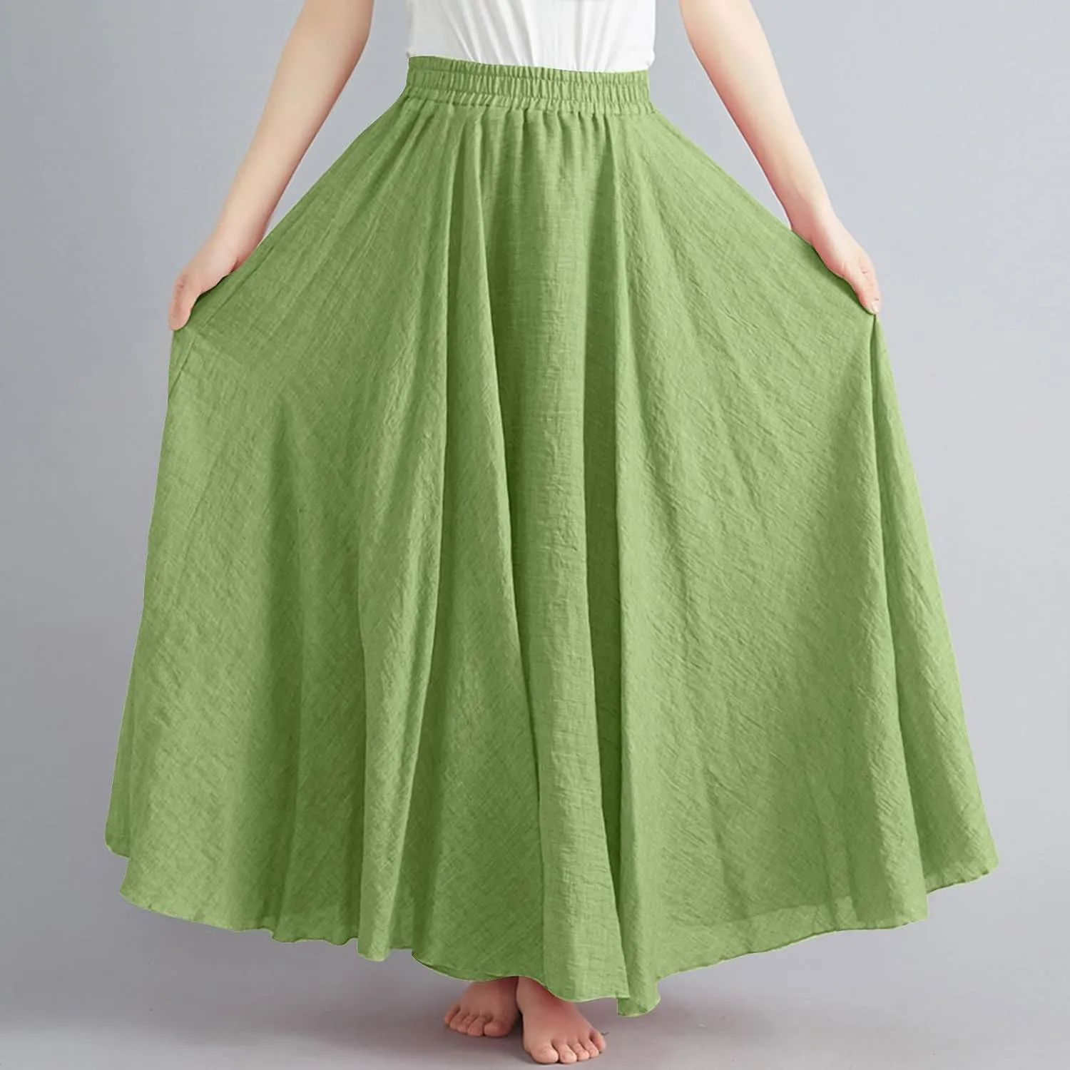 Solid Color Linen Skirts for Women Holiday Boho Ruched Stretch Hight Waist Basic Womens Maxi Skirt 2025 Y2K