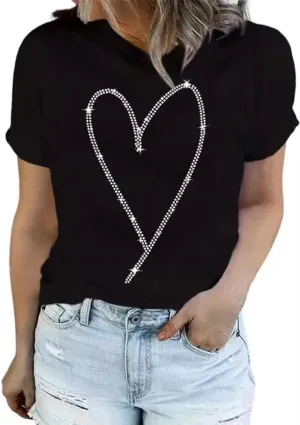 Sparkling Rhinestone T Shirt for Women Fashion Rhinestone Alphabets Graphic Short Sleeve Shirt Casual Tee Tops