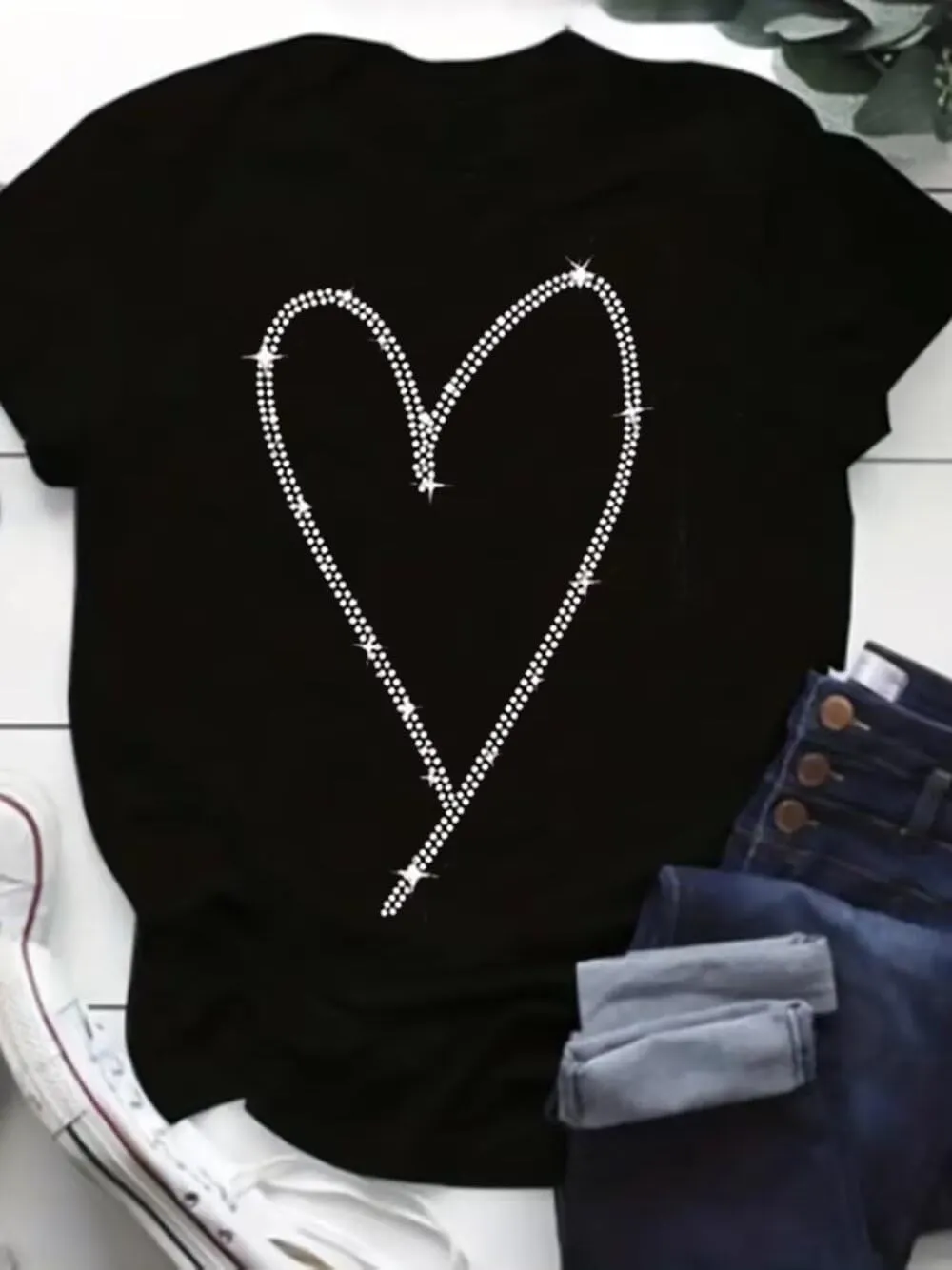 Sparkling Rhinestone T Shirt for Women Fashion Rhinestone Alphabets Graphic Short Sleeve Shirt Casual Tee Tops