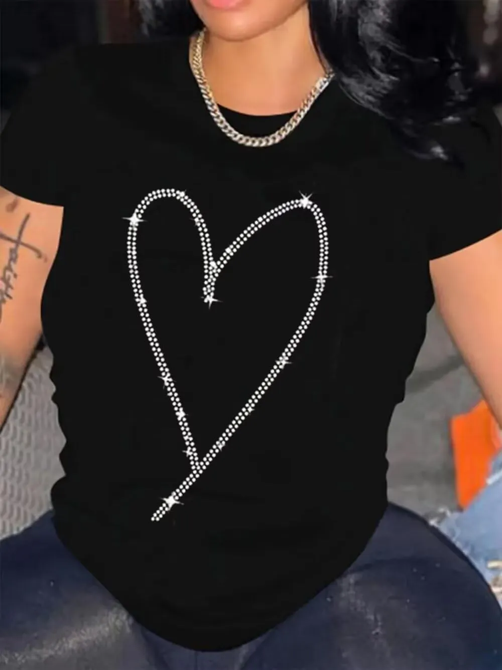 Sparkling Rhinestone T Shirt for Women Fashion Rhinestone Alphabets Graphic Short Sleeve Shirt Casual Tee Tops