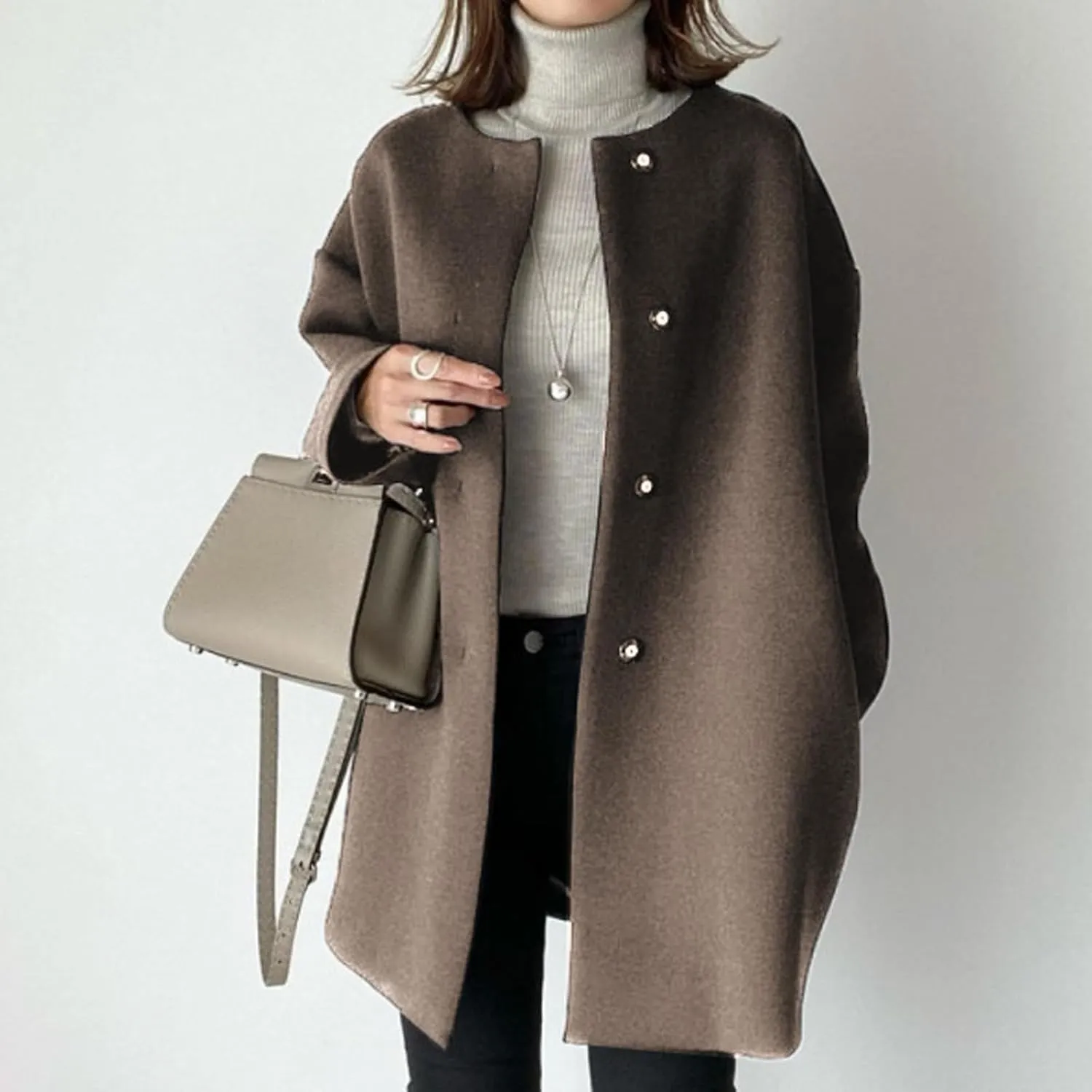 Straight Coat,Women's Single-Breasted Coat Long Trench Coat, Mid-Length Pea Coats Solid Color Cardigan