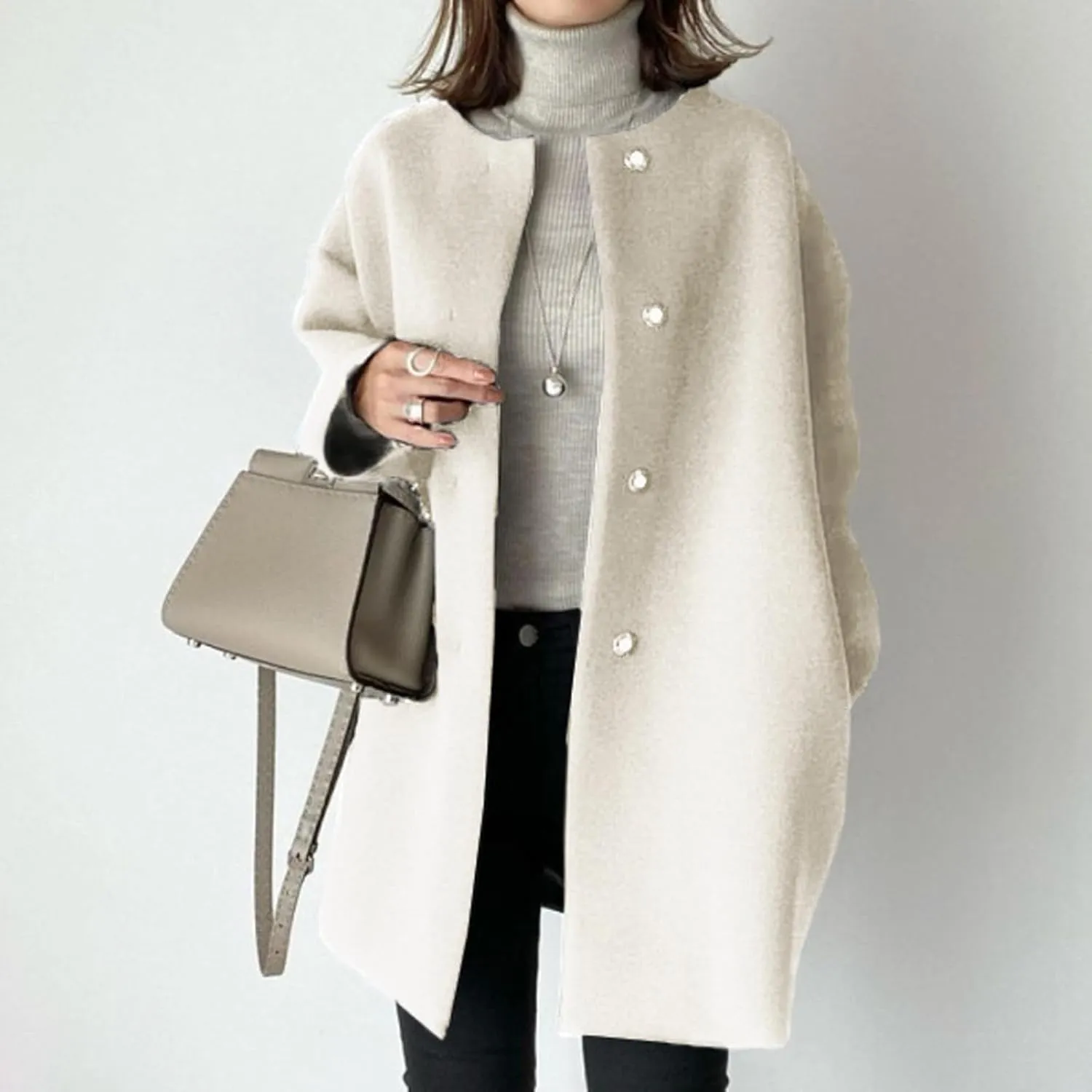 Straight Coat,Women's Single-Breasted Coat Long Trench Coat, Mid-Length Pea Coats Solid Color Cardigan