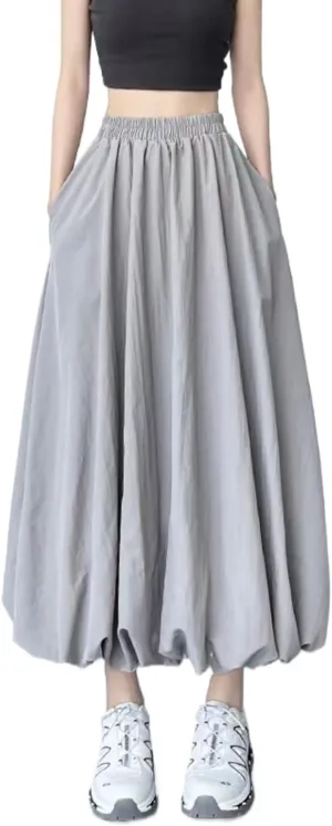 Sumleno Women 2025 Summer Bubble Maxi Skirt Ruffle Pleated Elastic Waist A-Line Long Skirt Y2k Aesthetic Midi Dress