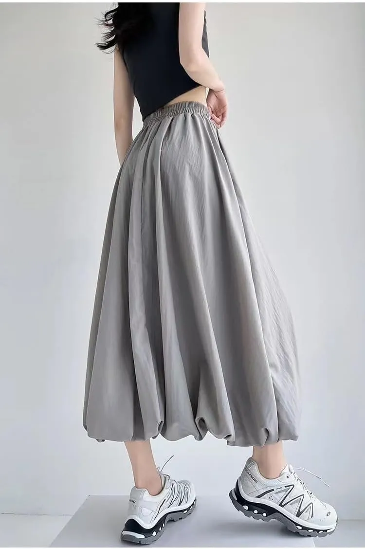 Sumleno Women 2025 Summer Bubble Maxi Skirt Ruffle Pleated Elastic Waist A-Line Long Skirt Y2k Aesthetic Midi Dress