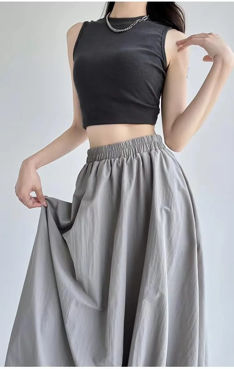 Sumleno Women 2025 Summer Bubble Maxi Skirt Ruffle Pleated Elastic Waist A-Line Long Skirt Y2k Aesthetic Midi Dress