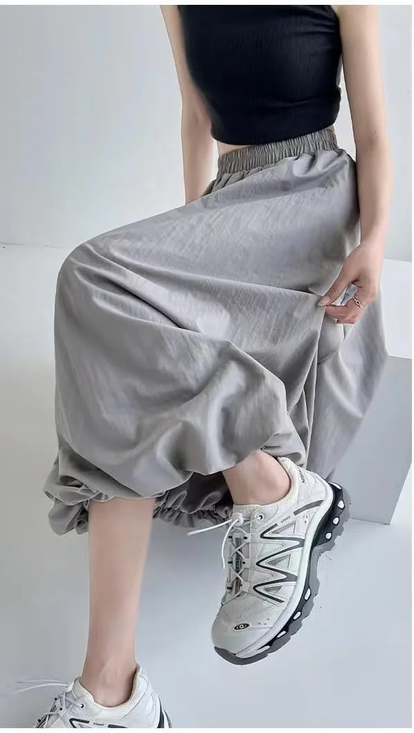 Sumleno Women 2025 Summer Bubble Maxi Skirt Ruffle Pleated Elastic Waist A-Line Long Skirt Y2k Aesthetic Midi Dress