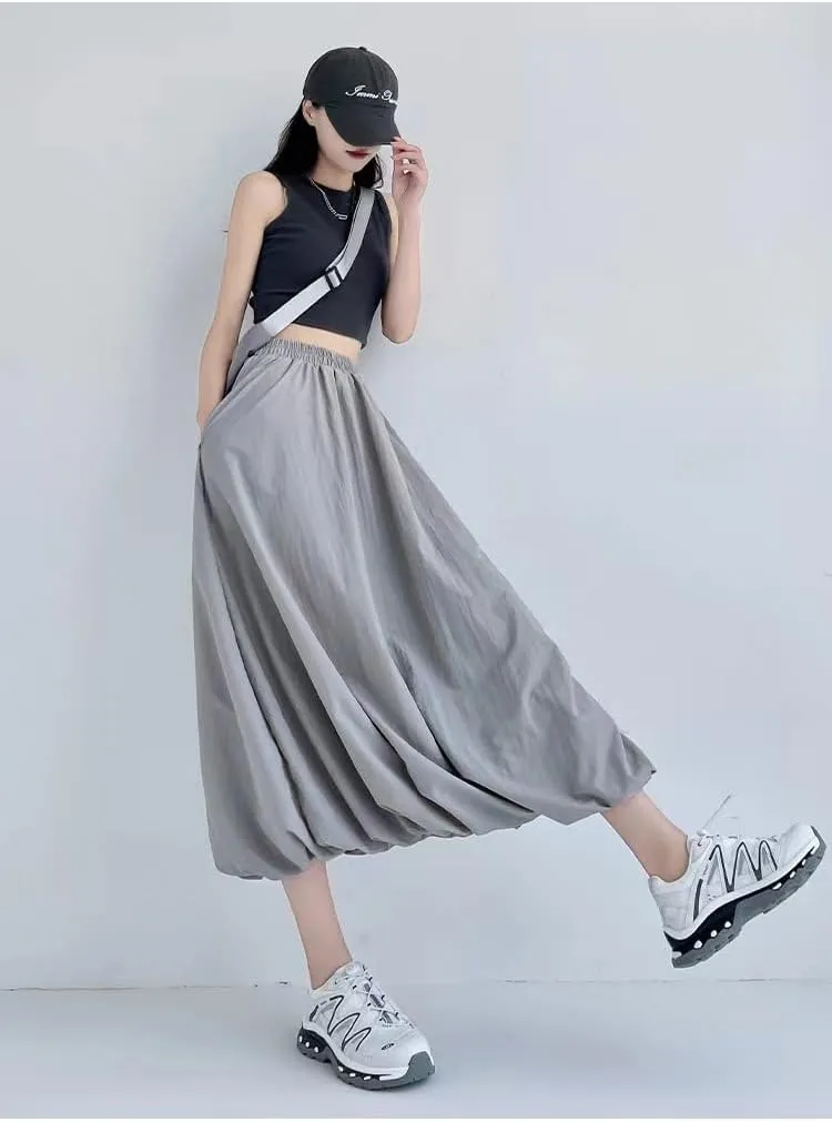 Sumleno Women 2025 Summer Bubble Maxi Skirt Ruffle Pleated Elastic Waist A-Line Long Skirt Y2k Aesthetic Midi Dress