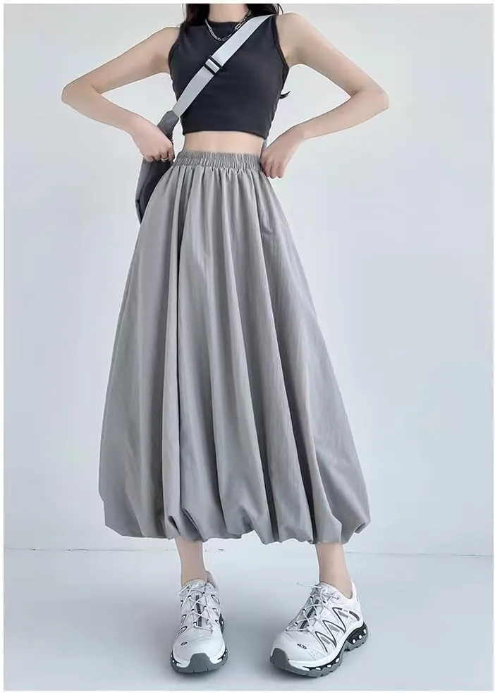 Sumleno Women 2025 Summer Bubble Maxi Skirt Ruffle Pleated Elastic Waist A-Line Long Skirt Y2k Aesthetic Midi Dress