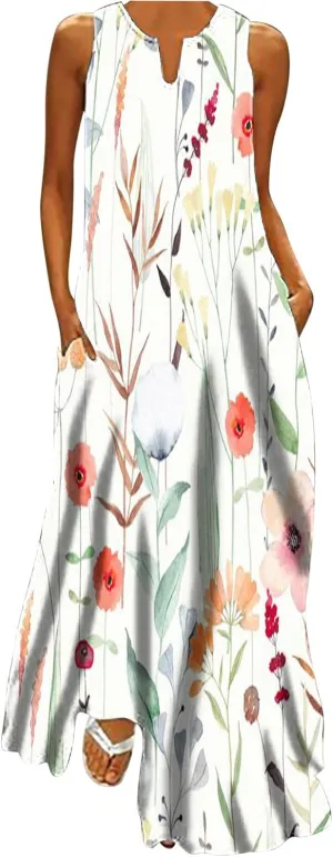 Summer Maxi Dresses for Women 2025 Flowy Boho Floral Beach Vacation Sundresses Casual Sleeveless A Line Tank Dress