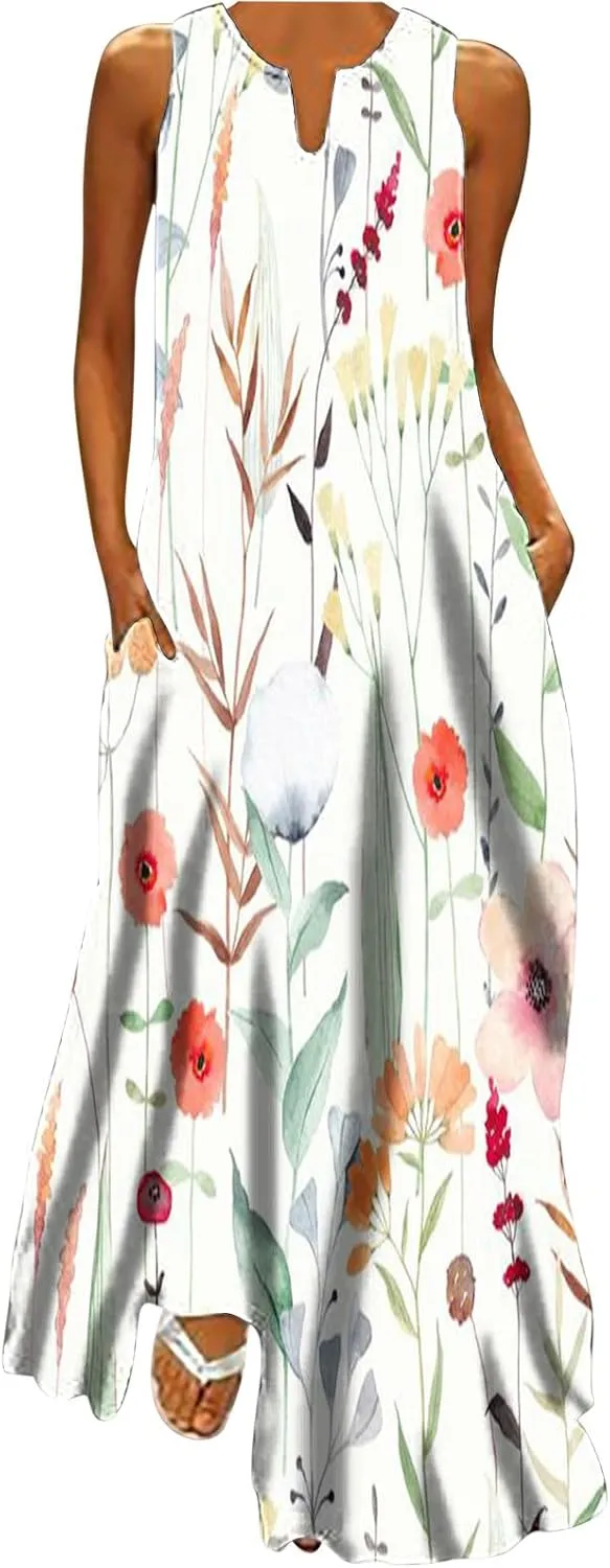 Summer Maxi Dresses for Women 2025 Flowy Boho Floral Beach Vacation Sundresses Casual Sleeveless A Line Tank Dress