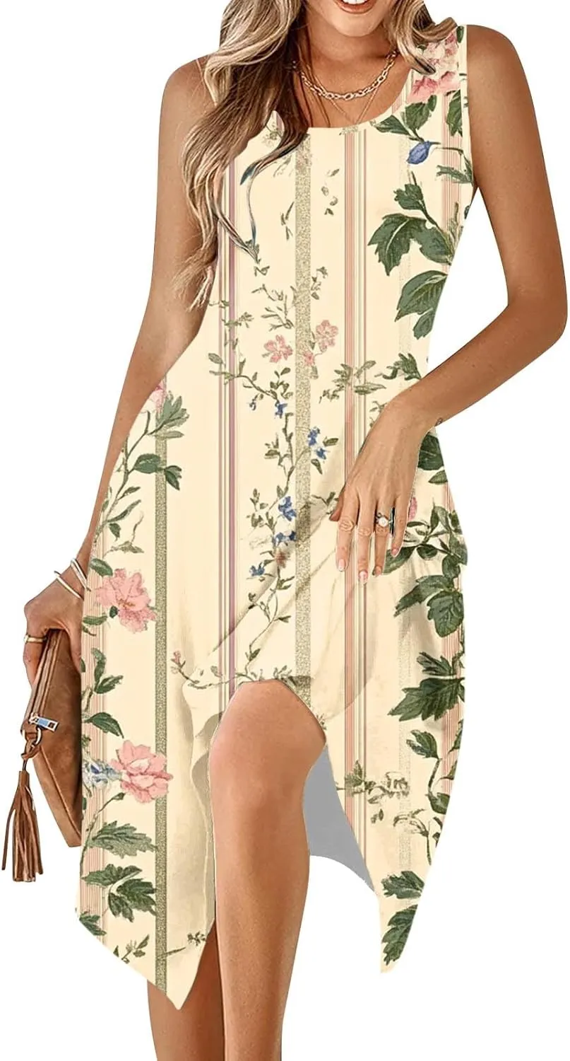 Summer Midi Dresses for Women 2025 Sleeveless Floral Boho Sundress Flowy A Line Beach Vacation Tank Dress Trendy