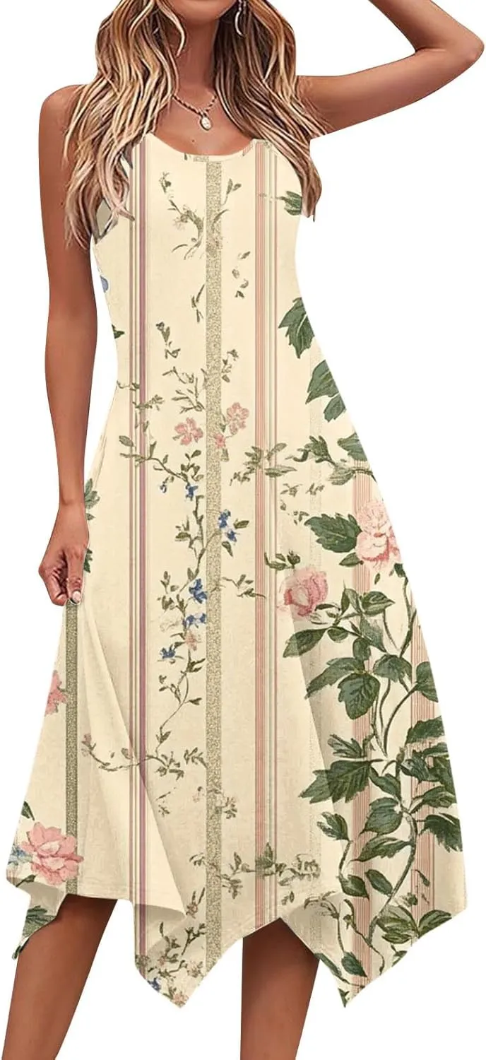 Summer Midi Dresses for Women 2025 Sleeveless Floral Boho Sundress Flowy A Line Beach Vacation Tank Dress Trendy