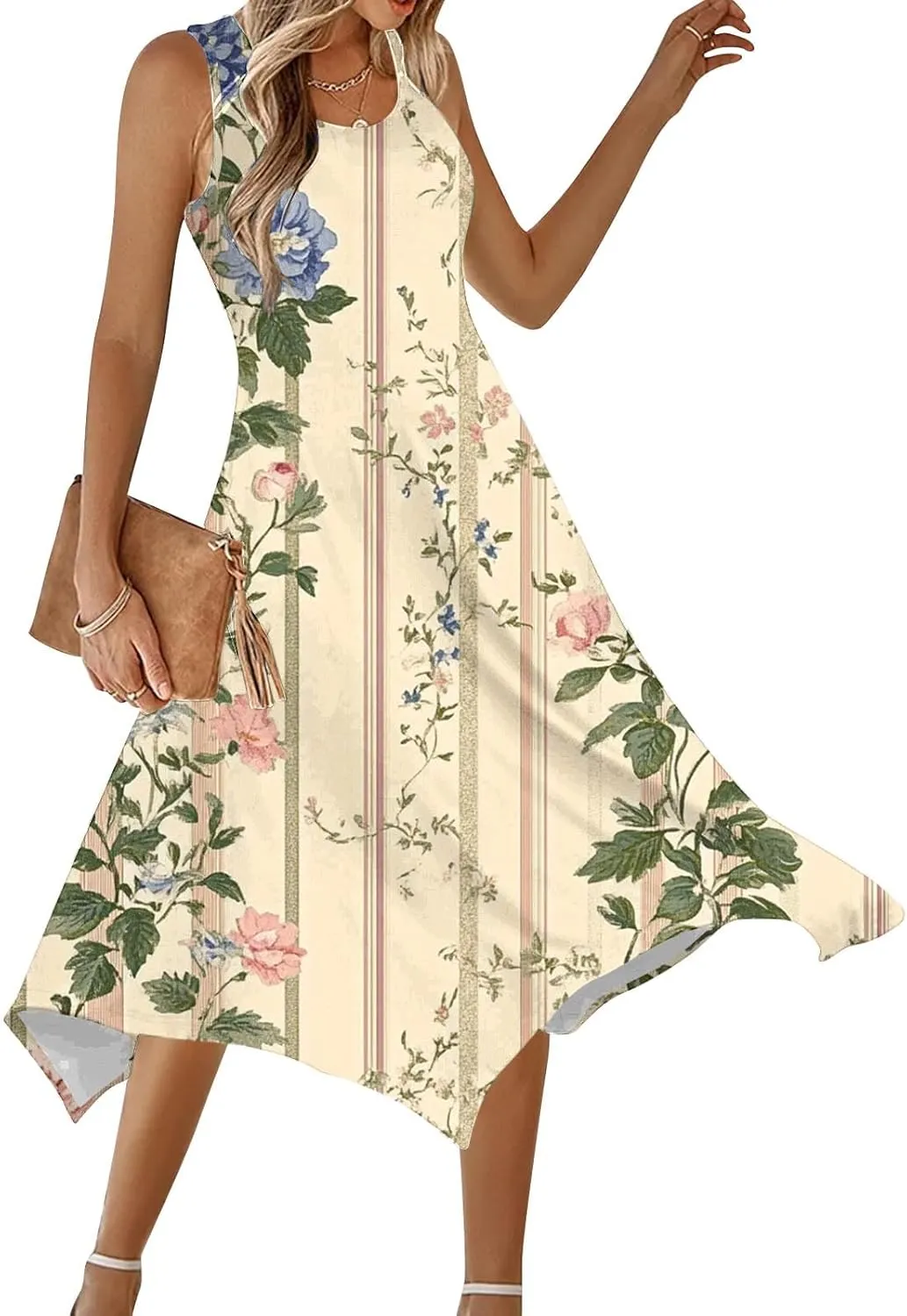 Summer Midi Dresses for Women 2025 Sleeveless Floral Boho Sundress Flowy A Line Beach Vacation Tank Dress Trendy
