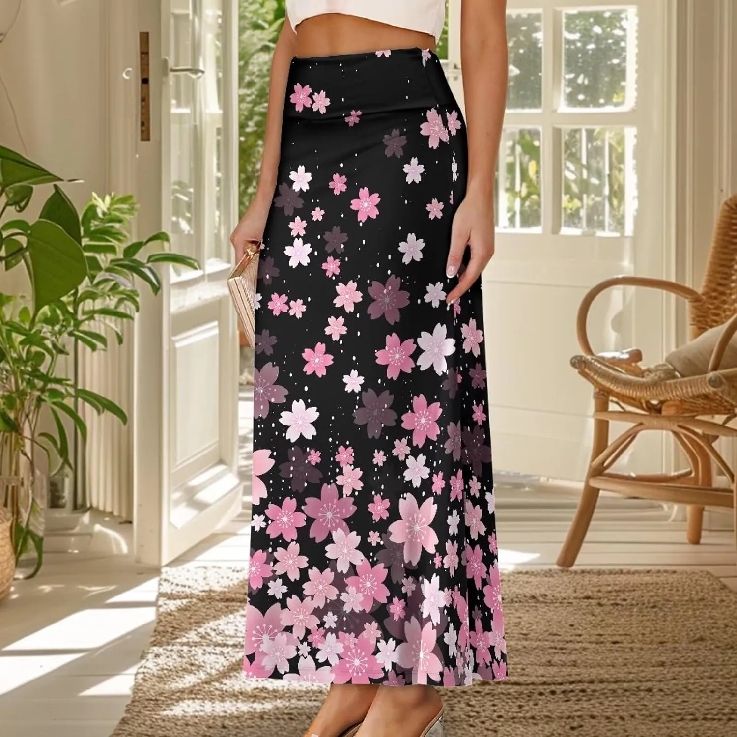 Summer Skirt for Women Empire Waist Dress Pencil Skirts with Side Zipper Lightweight Long Maxi Skirts Bohemian Skirt