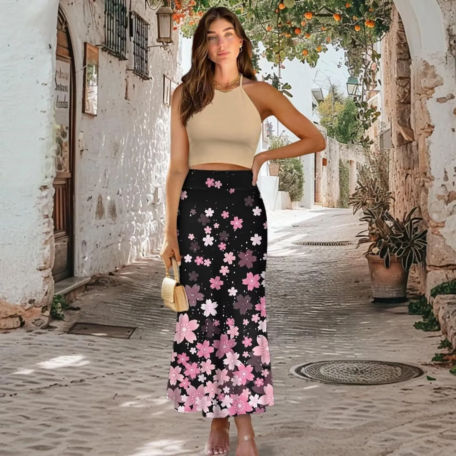 Summer Skirt for Women Empire Waist Dress Pencil Skirts with Side Zipper Lightweight Long Maxi Skirts Bohemian Skirt