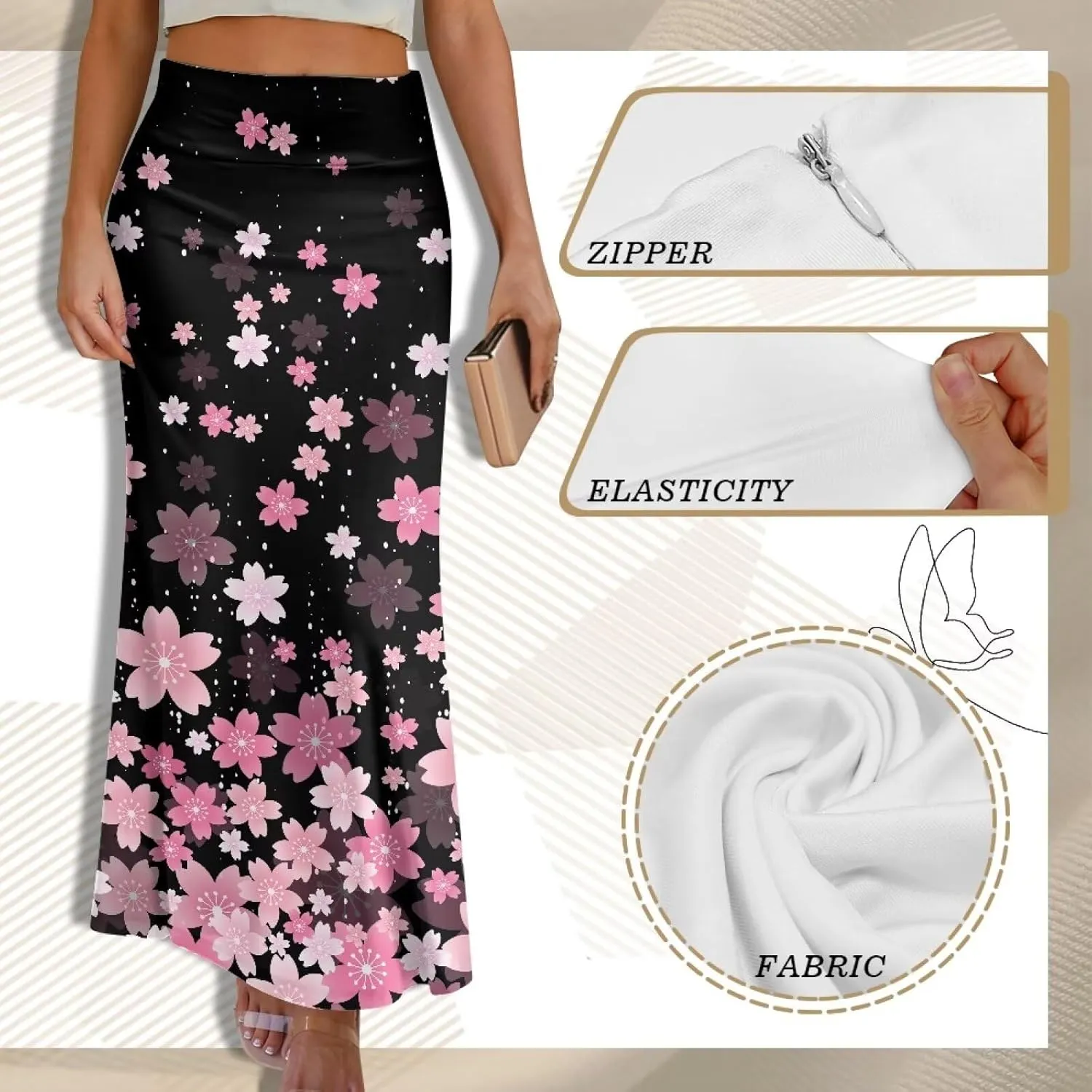 Summer Skirt for Women Empire Waist Dress Pencil Skirts with Side Zipper Lightweight Long Maxi Skirts Bohemian Skirt