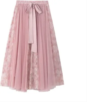 TANGNADE Women's Pleated Skirt Elastic Waist A-Line Midi Length Skirts Flowy Bohemian Casual Skirt for Summer Beach Holiday