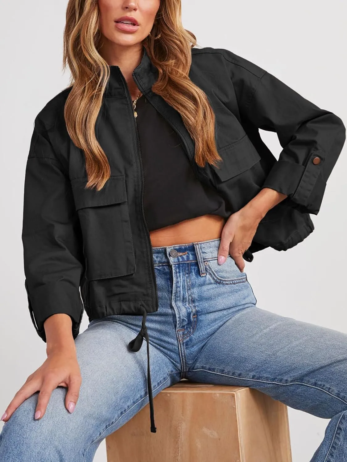 Tankaneo Women Casual Cropped Jackets Zip Up Lightweight Military Safari Short Utility Coat with Pockets